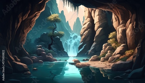 Serene river cascades from a cave creating a captivating view