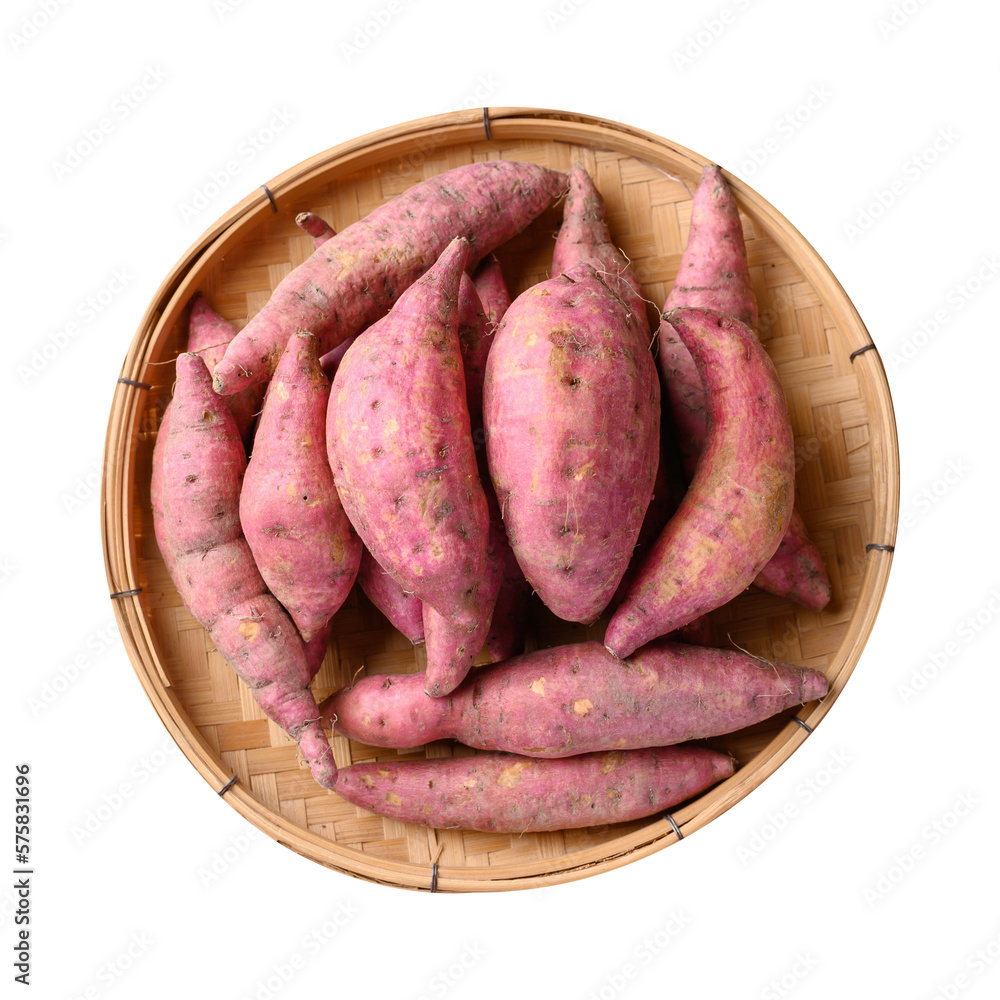Organic raw sweet potato in bamboo basket Organic raw sweet potato in bamboo basket