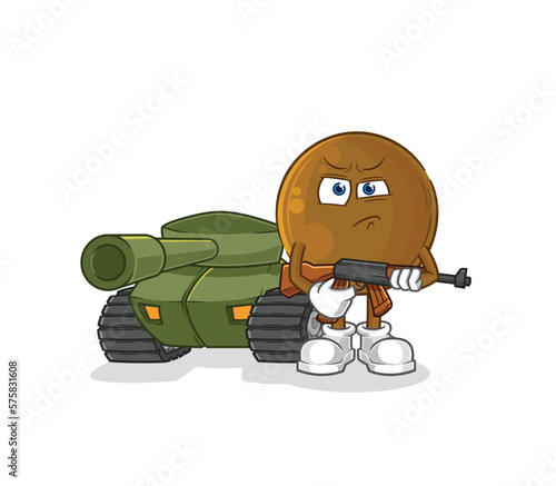 avocado stone soldier with tank character. cartoon mascot vector
