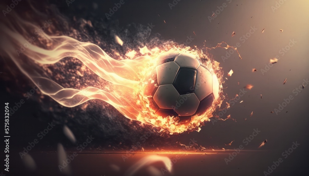 Fototapeta premium Fire on the Field: A Cinematic Soccer Gallop Motion Shot Sport Action Football Fire, Generative AI.