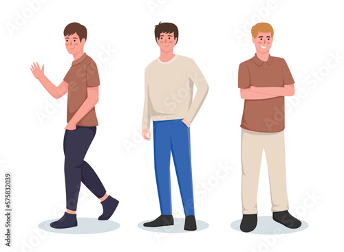 set of character man in casual wear in various movements vector illustration
