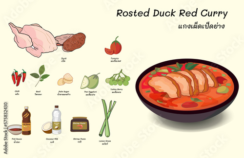 set of Thai food, Roasted duck red curry, as Gaeng Phed Ped Yang,
picture roasted duck in Thai Red Curry recipe with main thai ingredients, such as,  coconut milk Thai red curry paste, roast duck,