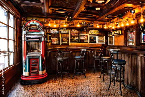 AI generated image of a classic jukebox in the corner of a bar