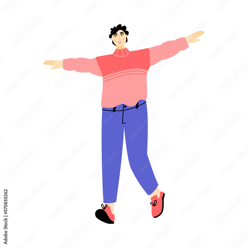 Happy young man running with spread arms. Person having fun. Vector flat illustration on a white background Happy young man running with spread arms. Person having fun. Vector flat illustration on a white background