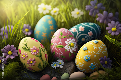 Colorful Easter Eggs in a Colorful Garden