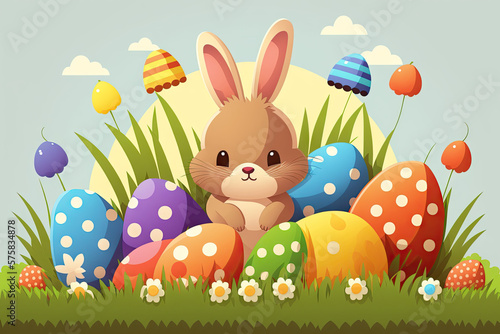 Colorful Easter Garden with Baby Bunny and Eggs