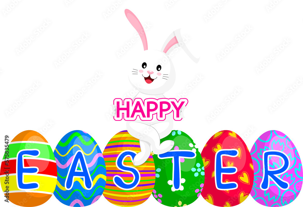 White rabbit sitting cross-legged on Easter eggs. Happy Easter day concept. Cute bunny, Cartoon character design, illustration. White rabbit sitting cross-legged on Easter eggs. Happy Easter day concept. Cute bunny, Cartoon character design, illustration.