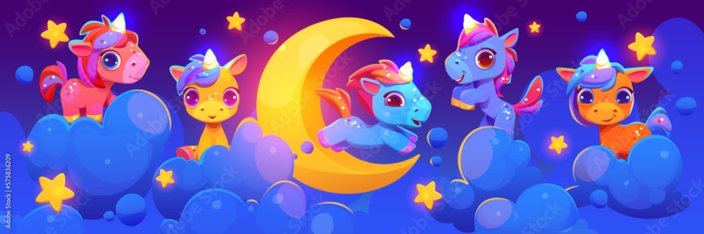 Cute unicorn with moon, star and cloud night sky vector scene. Baby ...