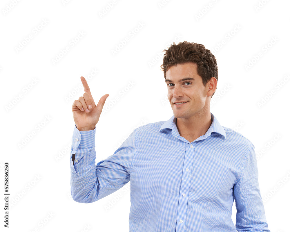 Portrait, smile and man pointing up at mockup space for product placement for marketing or advertising. Hand gesture, idea and happy model showing new deal announcement in studio on white background. Portrait, smile and man pointing up at mockup space for product placement for marketing or advertising. Hand gesture, idea and happy model showing new deal announcement in studio on white background.