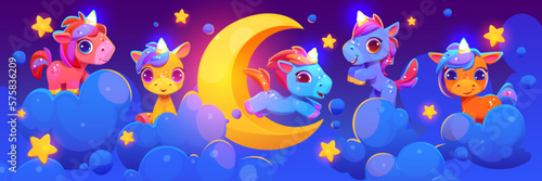Cute unicorn with moon, star and cloud night sky vector scene. Baby dream wallpaper with crescent and flying pony kids illustration. Blue magic fantasy landscape for nursery or website banner.