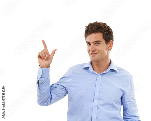 Portrait, smile and man pointing up at mockup space for product placement for marketing or advertising. Hand gesture, idea and happy model showing new deal announcement in studio on white background.