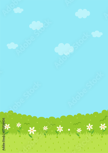 Spring flowers on the grass with bushes. Spring nature background.