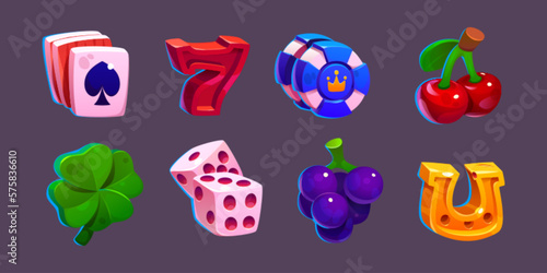 Set cartoon of casino poker game. Slot machine icon design with fruit and lucky symbol in vector. Ui element for jackpot in gambling. Vegas asset collection with clover, dices, cherry and horseshoe.
