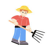 Farm and agriculture worker. Young male farmer in uniform holds rake or pitchfork and harvests. Agronomist in village or countryside. Cartoon flat vector illustration isolated on white background