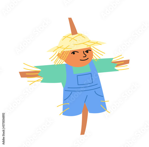 Scary garden scarecrow. Sticker with straw man in overalls to scare away birds. Farming and agriculture. Protection of crops and harvest. Cartoon flat vector illustration isolated on white background