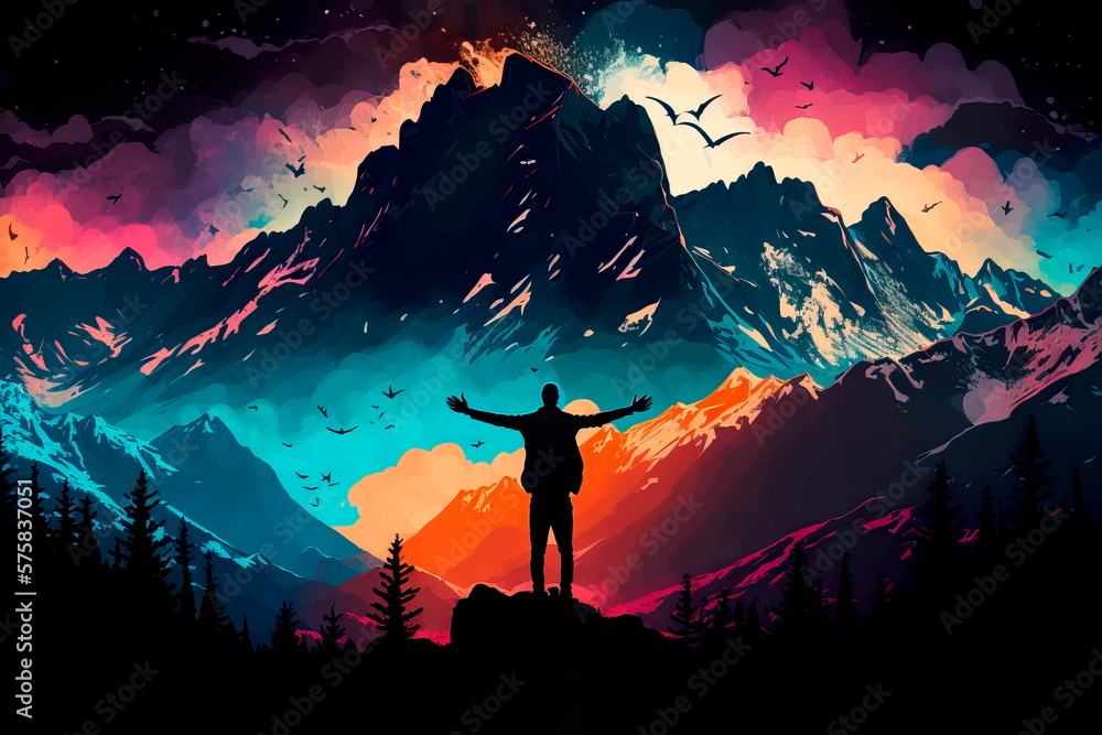 Fototapeta premium Silhouette of a man in front of the mountains.Generative AI