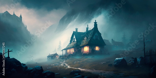 A forgotten mystical village engulfed in fog.Generative AI photo