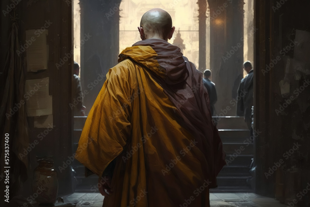 Bald Buddhist monk in robe in temple. Unrecognizable old religious minister, back view. Generative AI illustration