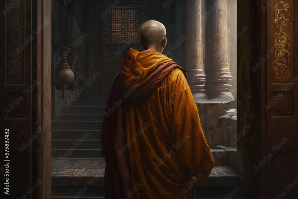 Bald Buddhist old monk in orange traditional robe in temple. Unrecognizable religious minister, rear view. Religion Buddhism, spirituality concept. Generative AI illustration