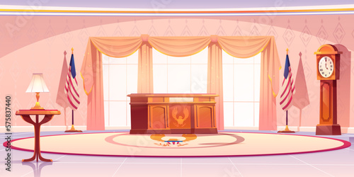 American president oval office with desk and clock cartoon vector illustration. Flag of America inside leader room. Official government cabinet with wooden table and lamp with day light from window.
