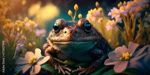 Portrait of a frog with a bush of flowers in the background Generative AI © Лилия Захарчук