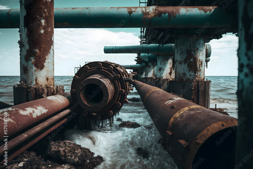 Concept Water pollution by sewage. Accident and leak on rusty old