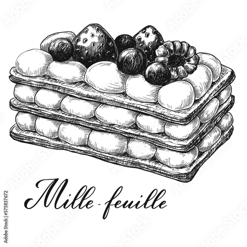 Ink sketch mille0feuille cake french dessert. Food vintage vector illustration.	