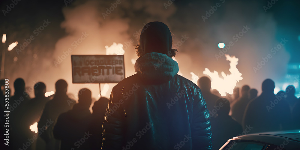 Back view Aggressive man in hood against backdrop of protests and burning cars. Concept banner protesters riot people. Generation AI