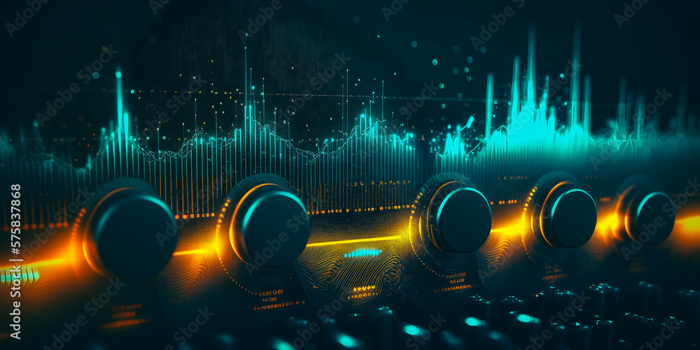 Abstract technology background, Network light effect, blue and orange color. Concept visualization of sound waves. Generation AI - obrazy, fototapety, plakaty 