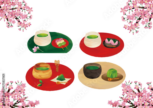 水彩タッチ　抹茶4セットと桜フレーム