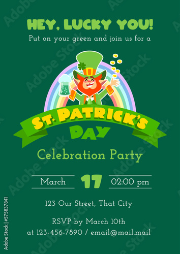 St. Patrick's Day celebration party invitation template. Festive illustration of a funny leprechaun with a pint of green beer and coins on a background of rainbow. Vector 10 EPS.