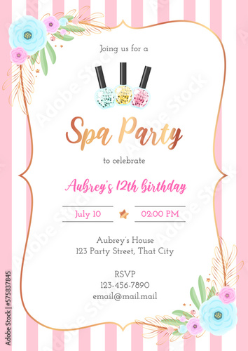 Spa birthday party invitation template. Beautiful pink striped background with golden frame, flowers and sparkling makeup products. Vector illustration 10 EPS.
