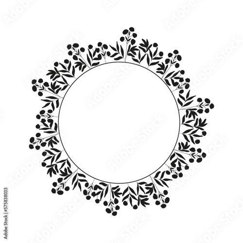 Silhouette of wreath of field herbs and plants. Black  round frame isolated on white background.