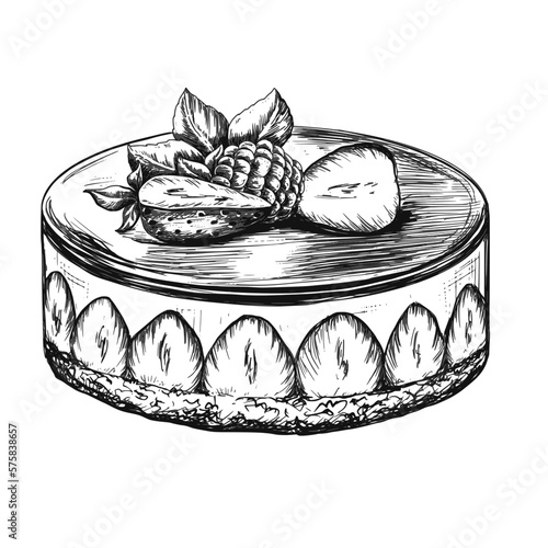 Ink sketch strawberry pie dessert. Food vintage vector illustration.	