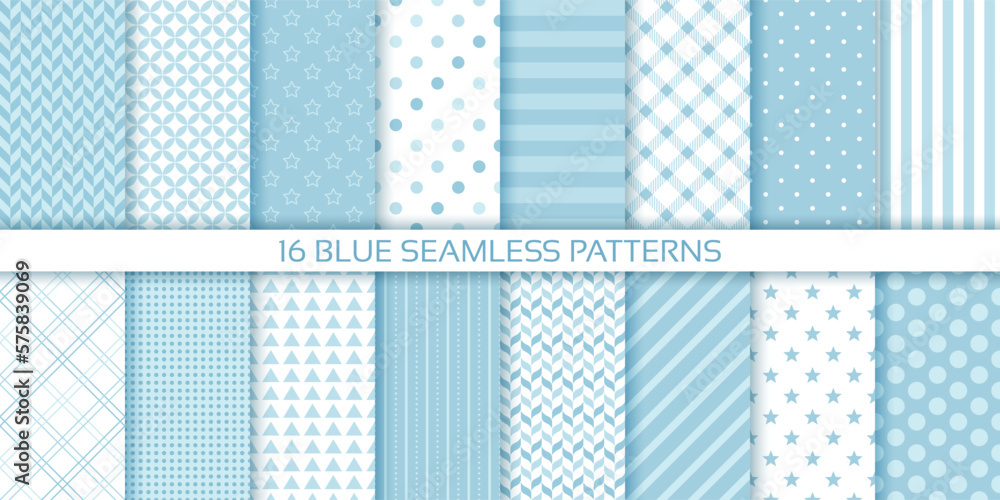 Scrapbook background. Blue seamless pattern. Set cute baby shower prints. Retro pastel texture with polka dots, stripes, herring bone, plaid. Childish wrapping backdrop. Monochrome vector illustration