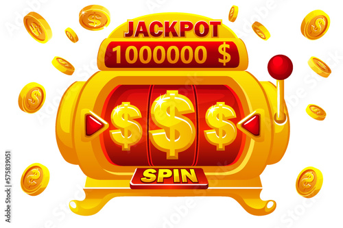 Golden slot machine. Slot machine for online casino and slots game. Coins explosion
