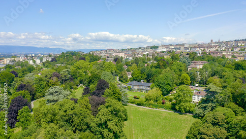 Lausanne  Switzerland - July 13  2019  Olympic Museum. The coast of Lake Geneva.  Aerial View