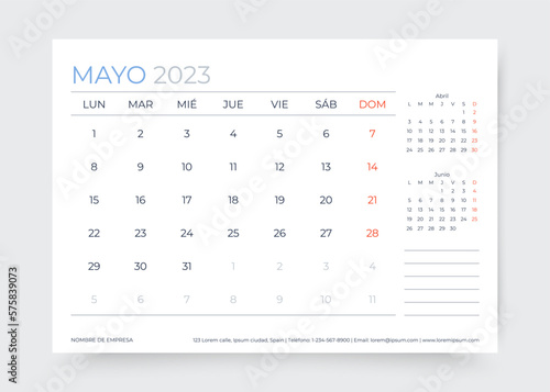 Calendar for May 2023 year. Planner calender template. Week starts Sunday. Desk corporate diary. Monthly organizer. Timetable layout. Table schedule grid. Vector simple illustration. Paper size A5