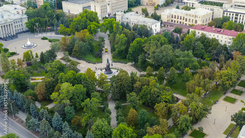 Krasnodar, Russia - August 27, 2020: Monument to Empress Catherine II in Catherine Square. Aerial view, Aerial View