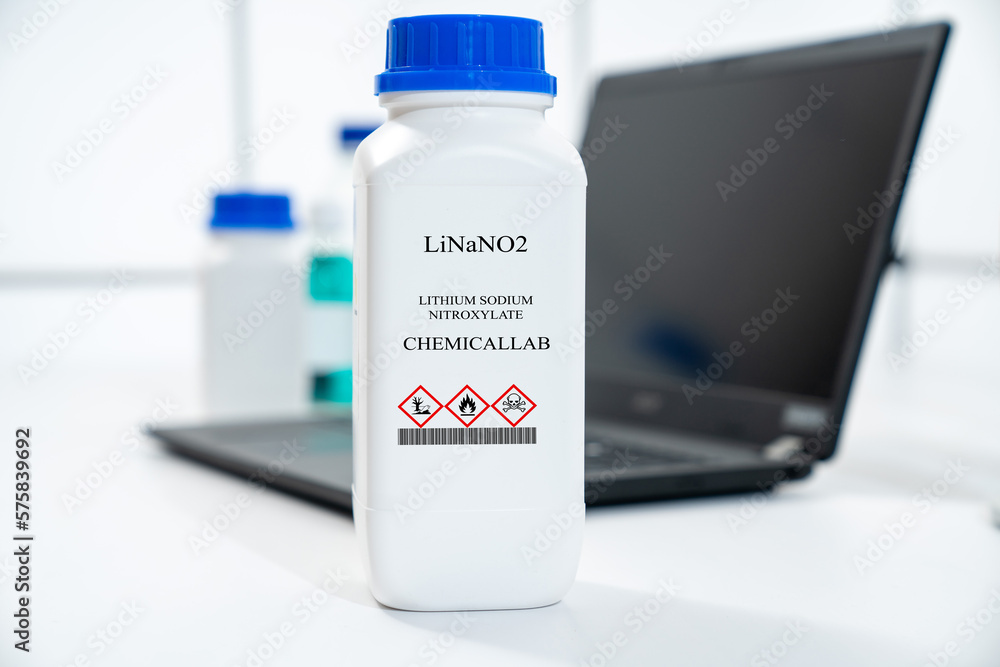 LiNaNO2 lithium sodium nitroxylate CAS chemical substance in white plastic laboratory packaging LiNaNO2 lithium sodium nitroxylate CAS chemical substance in white plastic laboratory packaging