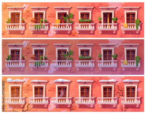 Empty vintage europe balcony cartoon exterior vector season set. Old palace terrace with fence and wooden window and rain. Crack wall on building facade with snow and wind weather.
