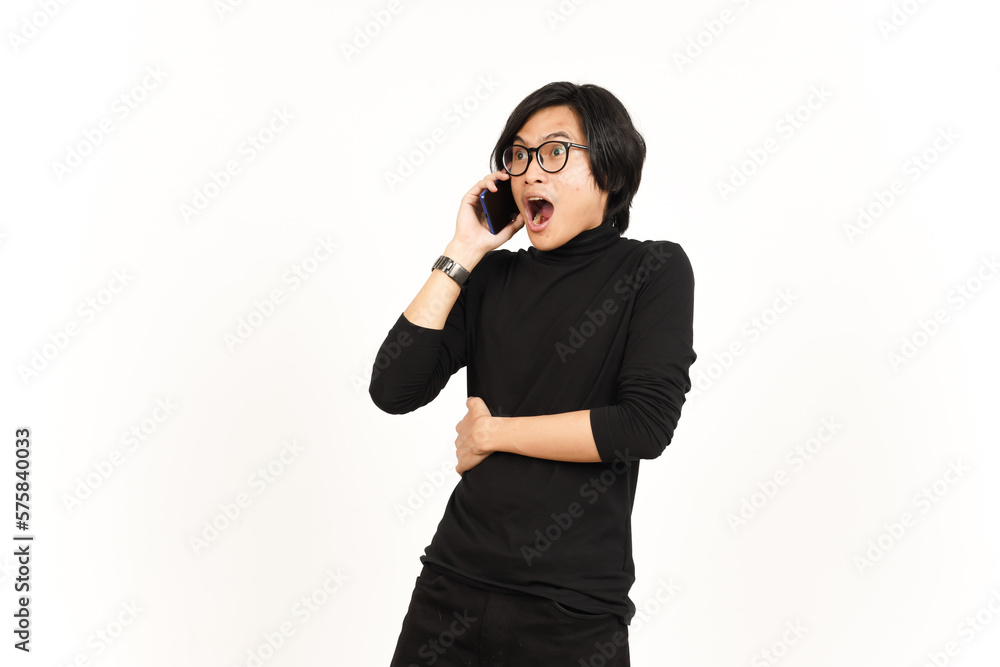 Make a Phone Call Using smartphone with shocked face Of Handsome Asian Man Isolated On White Make a Phone Call Using smartphone with shocked face Of Handsome Asian Man Isolated On White