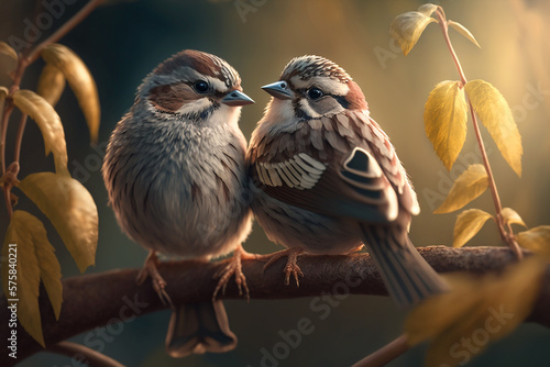 Beautiful two sparrows  bird. Generative AI photo