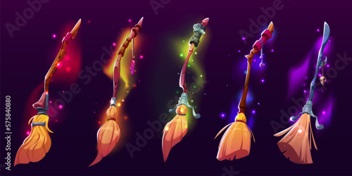 Witch brooms, magic broomsticks for Halloween decoration or witchcraft game. Flying besom with wooden stick, twigs and mystic glow, vector cartoon set isolated on background