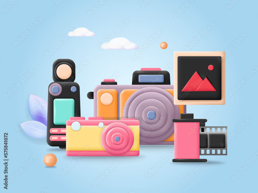 Obraz premium Digital photo camera collection 3d vector poster
