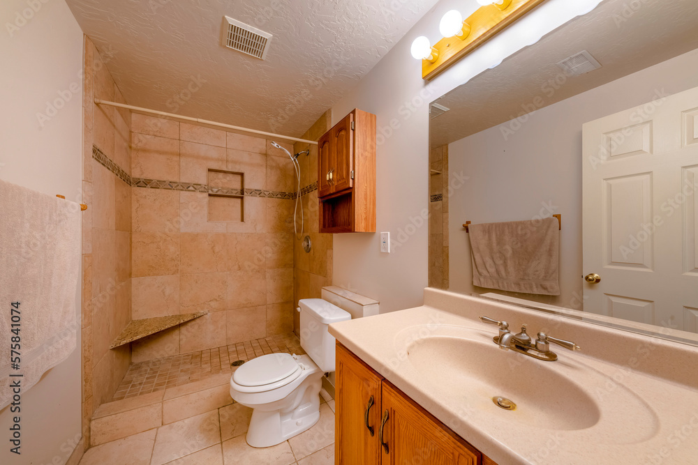 Bathroom with open shower stall with limestone flooring and surround