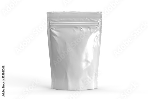 3d rendering. Food bag packaging with zipper for locker on white background. It's plastic and metallic texture. 