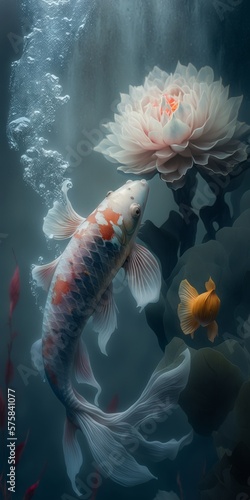 Koi fish swimming upwards to appreciate the beauty of lotus flower submerged in the water