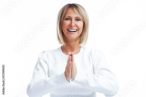 Picture of blonde woman isolated over white background