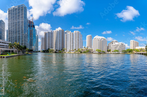 Miami Beach, Florida- Modern multi-storey buildings at intracoastal waterway in Biscayne Bay. Multi-storey coastline buildings against the sky.